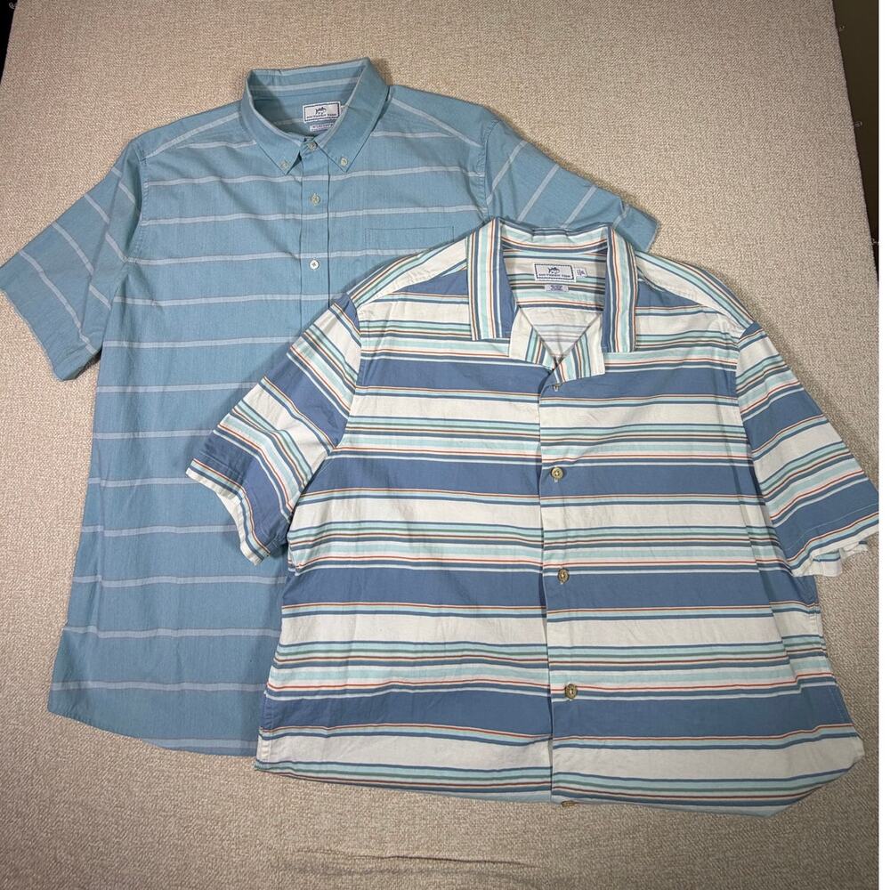 Southern Tide Men XL Blue Striped Lot 2 Short Sleeve Coastal Preppy Shirts